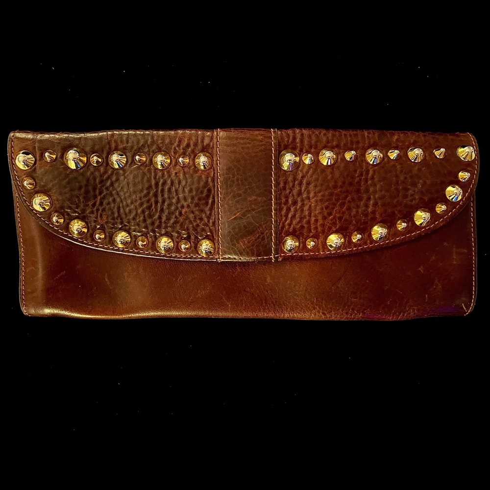 ⭐️ BRAVE ⭐️BROWN LEATHER CLUTCH GOLD STUDS PONY HAIR INT POCKET MAGNETIC CLOSURE
